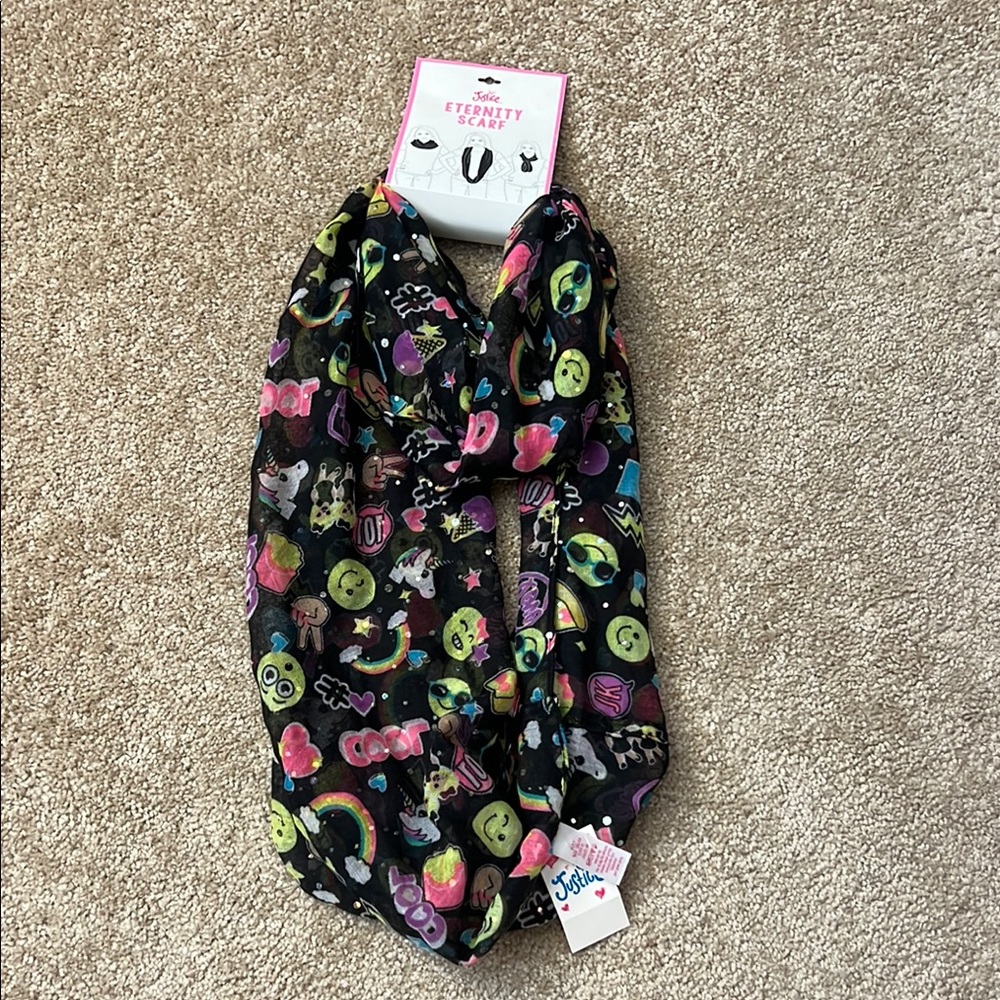 Justice Eternity Scarf with Colorful Emoji Prints and Sparkly Dots One Size NEW